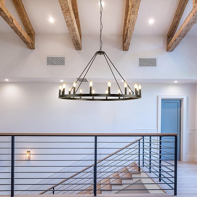 Black Wagon Wheel Chandelier Farmhouse: 16-Light 43 Inch Large Chandeliers for High Ceilings, Round Matte Black Chandelier for Dinning Room, Kitchen Island, Living Room, Foyer, Entryway