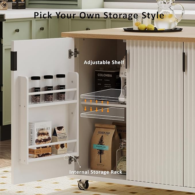 GOWE K&K 51" Fluted Kitchen Island with Drop Leaf, Farmhouse Accent Kitchen Island on Wheels with Internal Storage Rack, Rolling Kitchen Cart with Towel Rack for Kitchen, Dining Room, White Ash