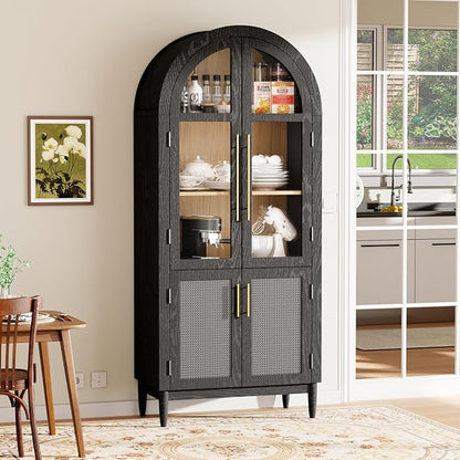 71" Arched Storage Cabinet, 5-Tier Modern Arched Cabinet with Glass Doors, Tall Arched Cabinet Adjustable for Living Room, Dining Room Office, Black