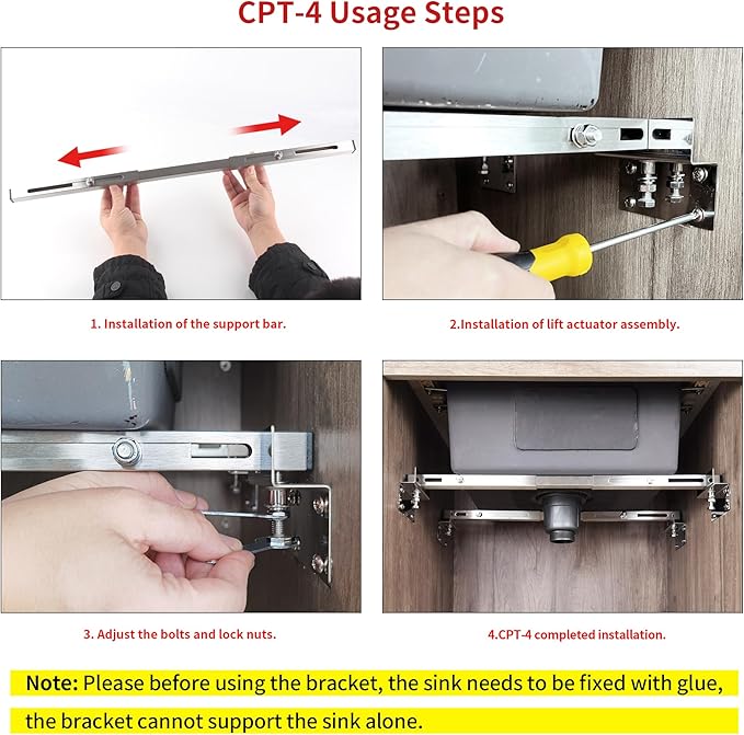 CPT-4 Undermount Sink Supports Brackets Adjustable Stainless Steel Installation Kit for Heavy Duty Undermount Kitchen Sink (36-51 inches（91-130cm）)