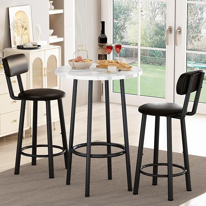 DKLGG Dining Table Set for 2 - 24" Round Kitchen Table With MDF Tabletop & 2 PU Leather Chairs, Bar Pub Set for Small Space Kitchen Living Room Apartment, White