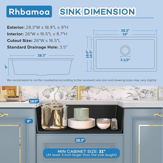 Rhbamoa 28 Inch Black Composite Kitchen Sink,Matte Black Undermount Granite Kitchen Sinks Single Bowl,9 Inch Depth Quartz Sink with Accessories