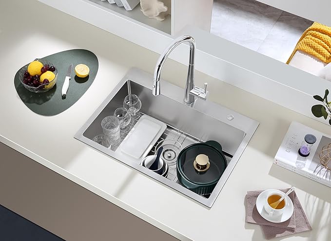 MENATT 25 Inch Drop in Kitchen Sink Brushed, 18 Gauge Stainless Steel 2 Holes Single Bowl Topmount Kitchen Sinks with Drain Assembly & Grid, D25"xW18"xH9"