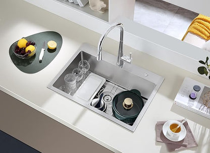 MENATT 25 Inch Drop in Kitchen Sink Brushed, 18 Gauge Stainless Steel 2 Holes Single Bowl Topmount Kitchen Sinks with Drain Assembly & Grid, D25"xW18"xH9"