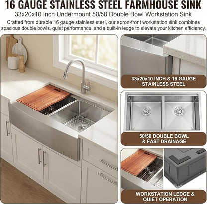MILOSEN 33x20x10 Inch Farmhouse Kitchen Sink, Undermount 16 Gauge Stainless Steel 50/50 Double Bowl Sink, Workstation Apron Front Farm Sink with Integrated Ledge & Accessories, 10'' Deep Handmade Sink