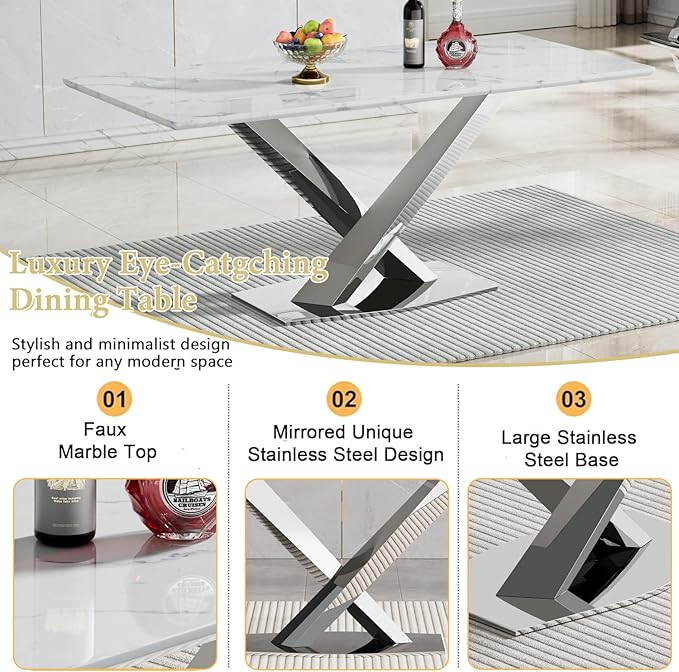 70 in Faux Marble Dining Table for 4 6 8, Modern White Silver Kitchen & Dining Room Table with X-Shape Stainless Steel Pedestal, Luxury Rectangular Large Dinner Table for Kitchen Home