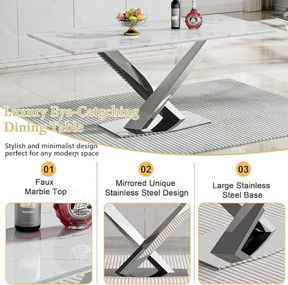 70 in Faux Marble Dining Table for 4 6 8, Modern White Silver Kitchen & Dining Room Table with X-Shape Stainless Steel Pedestal, Luxury Rectangular Large Dinner Table for Kitchen Home