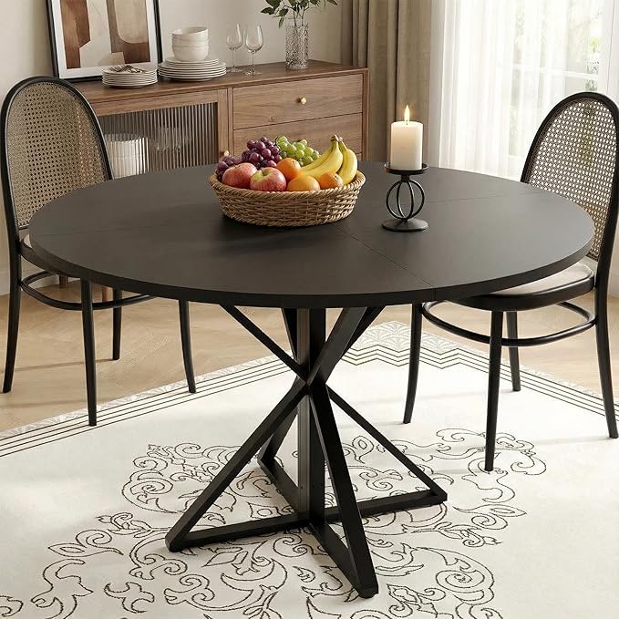 GarveeHome 47 Inch Round Dining Table for 4-6, Circle Kitchen Table with Pedestal Base, Farmhouse Wooden Dining Table for Small Spaces, Kitchen & Dining Room, Living Room-Black/Only Table