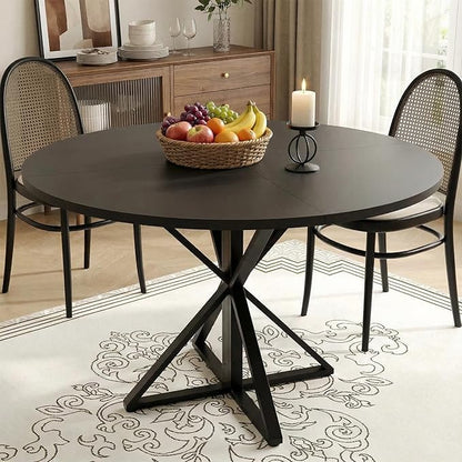 GarveeHome 47 Inch Round Dining Table for 4-6, Circle Kitchen Table with Pedestal Base, Farmhouse Wooden Dining Table for Small Spaces, Kitchen & Dining Room, Living Room-Black/Only Table