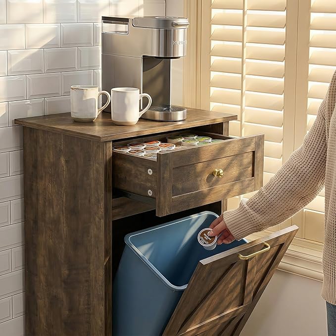 YESHOMY Tilt Out Trash Cabinet,10 Gallon Hidden Wooden Bin Cabinets, Laundry Hamper with Drawers, for Kitchen, Dining Room(Dark Brown)
