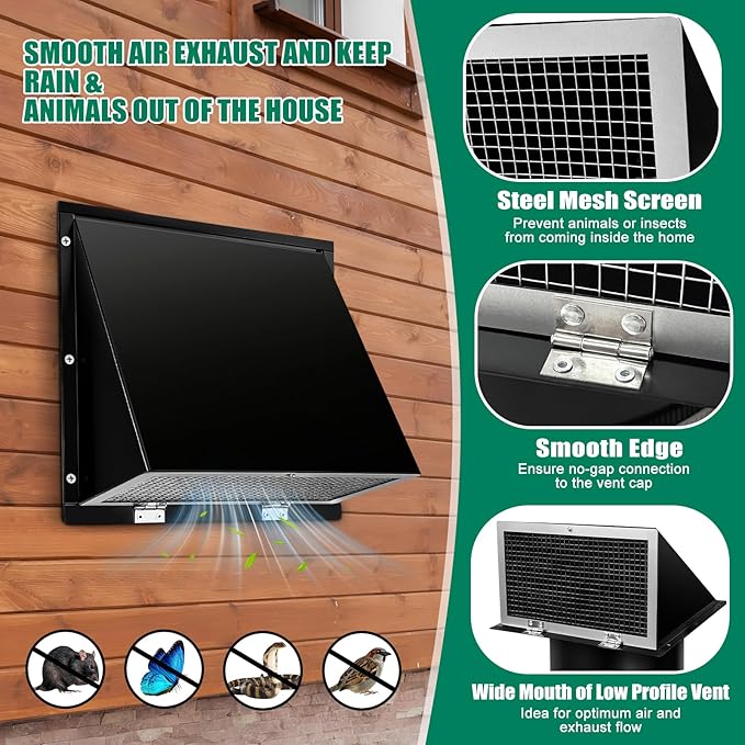 8 Inch Wall Vent Cover with Screen and Damper for Kitchen Range Hood Dryer Duct, Black