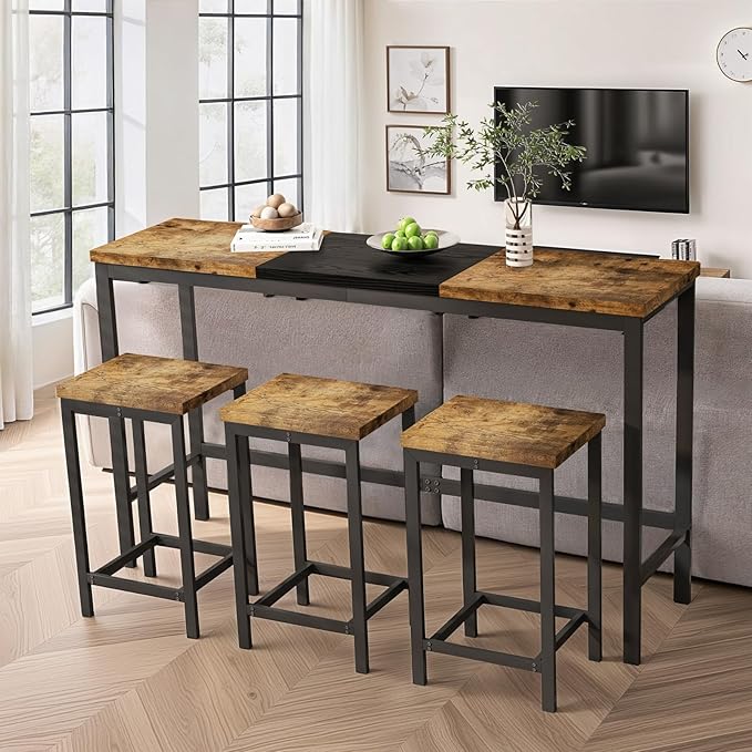 4 Piece Modern Design Kitchen Dining Table,1 Bar Table and Small Kitchen Table Set for 3,Wooden Counter Height Table Set for Kitchen,Convenient Hanging Stool Design,Dining Room Island Table (Natural)