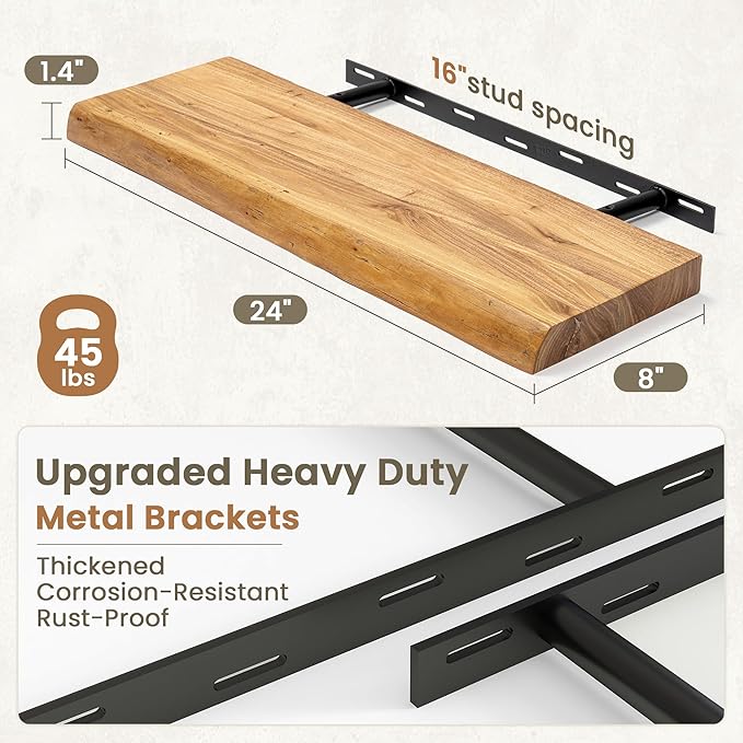 Fun Memories Floating Shelves for Wall Decor Set of 2-24 Inch Solid Elm Wood Live Edge - Rustic Natural Wall Shelves with Invisible Brackets - for Living Room, Bedroom, Kitchen - Natural Finish