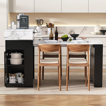 Versatile Extendable Dining Table with Hidden Wheels and Drawers, Farmhouse Kitchen Island with Charging Station and Glass-Door, Sideboard for Kitchen and Dining Room (Black)