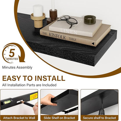 Black Floating Shelves for Wall, 27.5 Inch Bathroom Shelves Set of 2, Rustic Wood Wall Shelf with Invisible Brackets for Books|Storage|Decor, 8 Inch Deep Floating Shelf for Bedroom|Kitchen