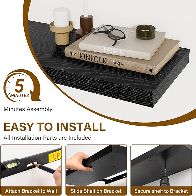 Fun Memories 72 Inch Floating Shelves for Wall, 8 Inch Deep Floating Shelf, Large Shelves with Invisible Bracket for Books|Storage, Rustic Wood Wall Shelf for Bedroom, Kitchen, Living Room, Black