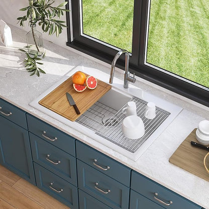 DeerValley 33 inch Workstation Kitchen Sink White Fireclay Undermount Farmhouse Sinks Single Bowl Deep Drop-in Modern Sink with Workstation Accessories