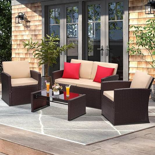 KROFEM 4-Piece Patio Furniture Set, Wicker Outdoor Rattan Sectional Sofa with Cushions and Glass Table, All-Weather Outdoor Conversation Set, Ideal for Garden, Porch, Backyard, Beige