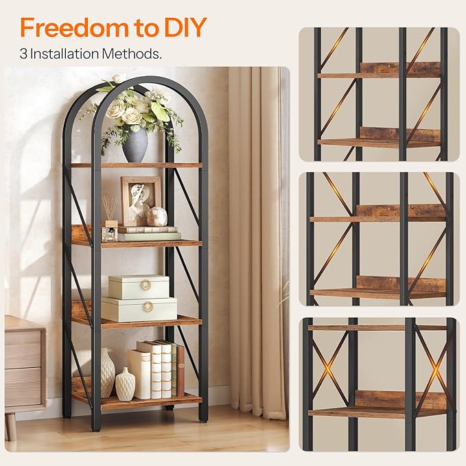 HOOBRO Bookshelf, 4-Tier Bookshelf Arched Display Racks, Industrial Bookcase with Metal Frame, Book Shelf Storage Organizer for Living Room, Office, Bedroom, Rustic Brown and Black BF424SJ01