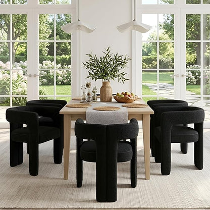 VESCASA Modern Barrel Dining Chairs Set of 6 with Open Back, Upholstered Boucle Accent Kitchen Armchairs with Wood Legs for Dining Room Reception Small Space, Black