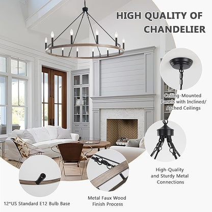 ANKYLHUA Wagon Wheel Chandelier-12 Light,38 Inch Chandeliers for Dining Room Light Fixture,Black and Metal Faux Wood Farmhouse Kitchen Light Fixtures for Living Room/Bedroom/Entryway