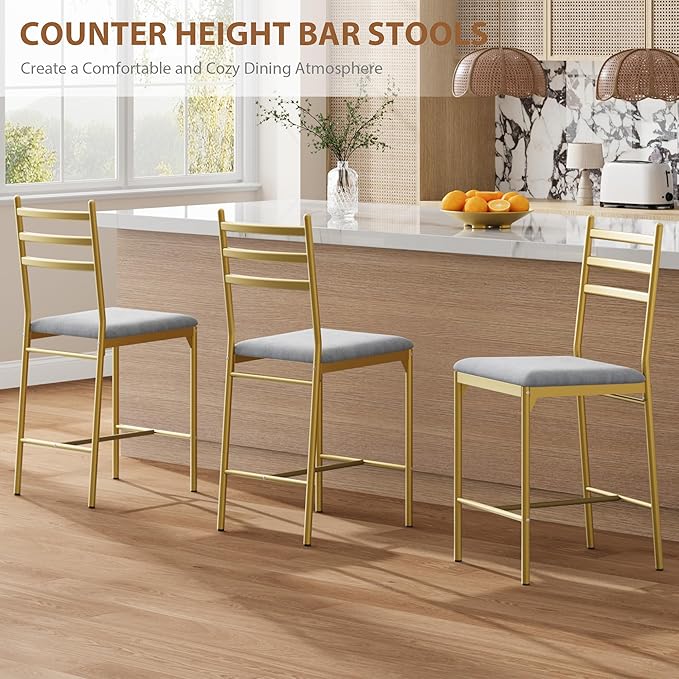 GarveeHome Bar Stools Set of 2, Counter Height Bar Chairs with Back and Thick Cushion, Upholstered Dining Chairs with Padded Seat, Barstools for Kitchen Island, Bar, Dining Room, Retro Gold