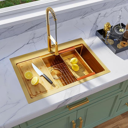 33x22 Inch Gold Drop In Kitchen Sink, 16 Gauge 304 Stainless Steel Sink, Topmount Workstation Kitchen Sink Single Bowl, Large Deep Gold Sink with Ledge & Full Accessories