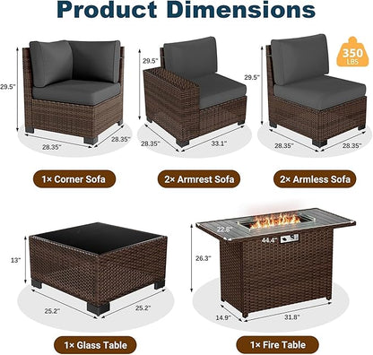 13 Piece Patio Furniture Set with Fire Pit Table, Wide Armrest Outdoor Sectional Sofa Brown Wicker Rattan Conversation Sets, 4'' Thickened Cushion Navy Blue