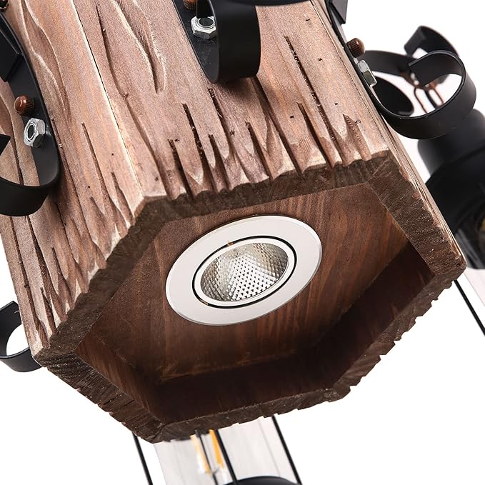 6-Light Wood Hanging Lamp, Industrial Farmhouse Island Chandelier with Black Metal Lampshade & Adjustable Cord, Retro Loft Chandelier Dinning Table Pendant Lamp Fixtures for Bar Home Hotel Hallway