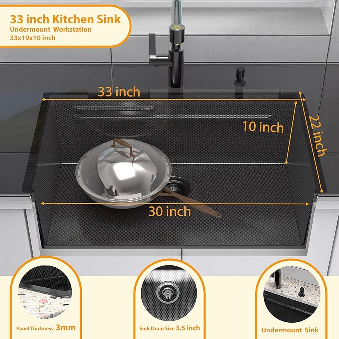 33inch Undermount Kitchen Sink Metal Black - Feibus 33x19x10 with Double Step Workstation 16 Gauge Honeycomb Embossment Stainless Steel Single Bowl