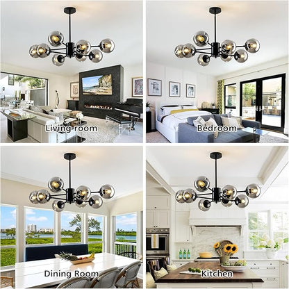 SZXYKEJI 8-Light Sputnik Chandelier Black Mid Century Glass Globe Ceiling Light Fixture Modern Bubble Chandelier for Dining Room Living Room Kitchen Bedroom Farmhouse.
