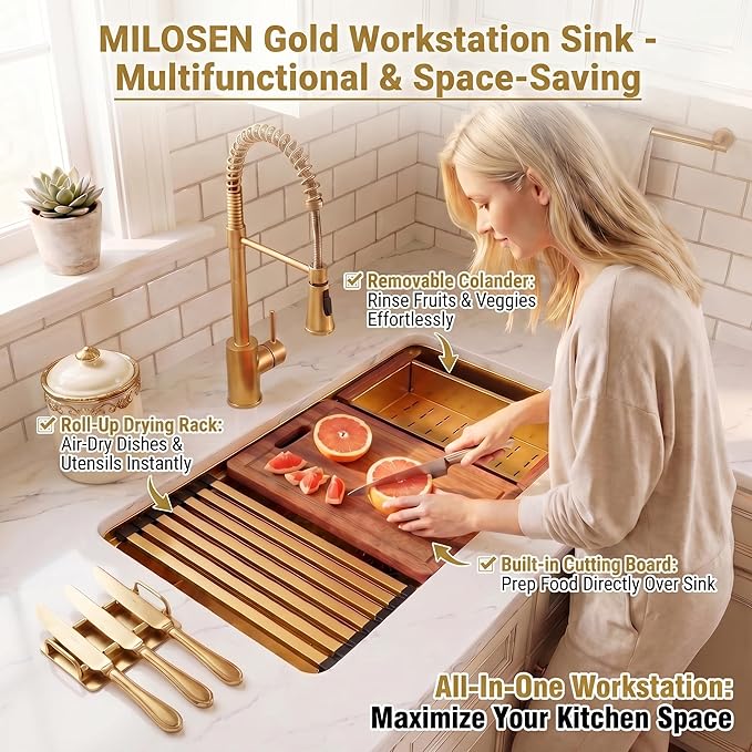 MILOSEN 32 Inch Gold Undermount Kitchen Sink, 50/50 Double Bowl Workstation Sink with Integrated Ledge & Accessories,10''Large and Deep T304 Stainless Steel Handmade Sinks