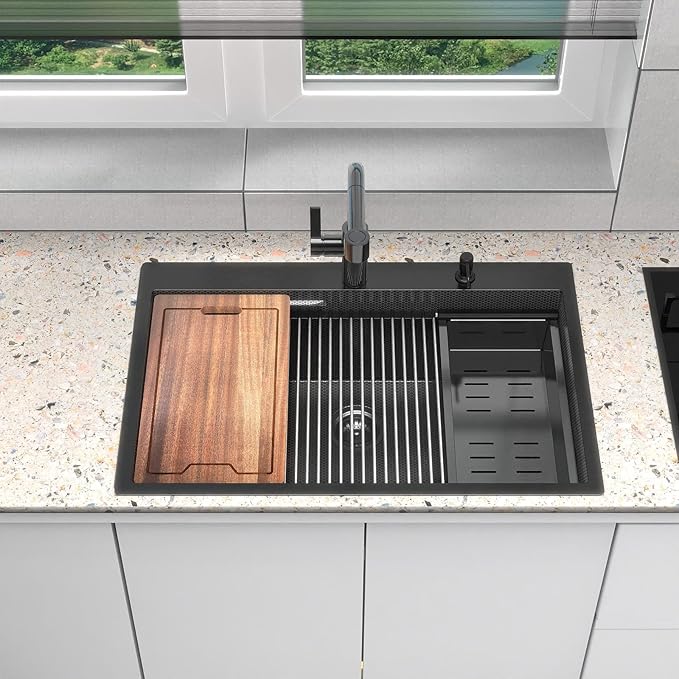 33inch Drop In Kitchen Sink Metal Black - Feibus 33x22x10 Sink with Double Step Workstation 16 Gauge Honeycomb Embossment Stainless Steel Single Bowl
