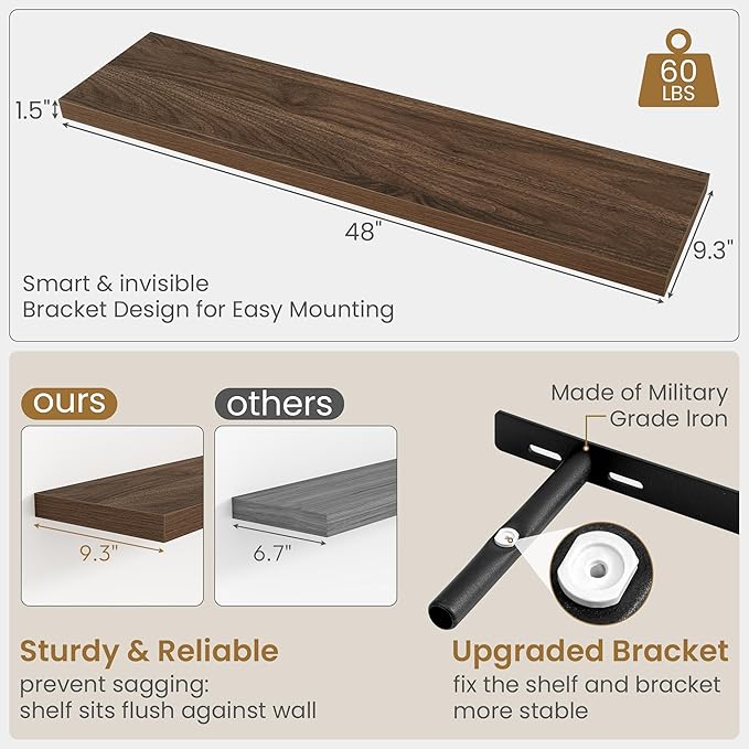 48"W x 9.3"D Floating Shelves for Wall, Wall Mounted Bathroom Shelves 2 Pack Deep Floating Shelf for Bedroom Kitchen Living Room, Rustic Wooden Wall Shelf with Invisible Bracket for Books Decor