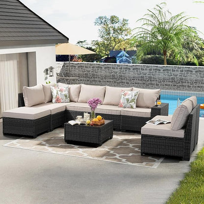 JOYURE 9 Pieces Patio Furniture Set All-Weather Outdoor Wicker Sectional Conversation Sofa Rattan Patio Seating Sofa with Cushion and Glass Table and Ottoman for Porch Poolside,Beige