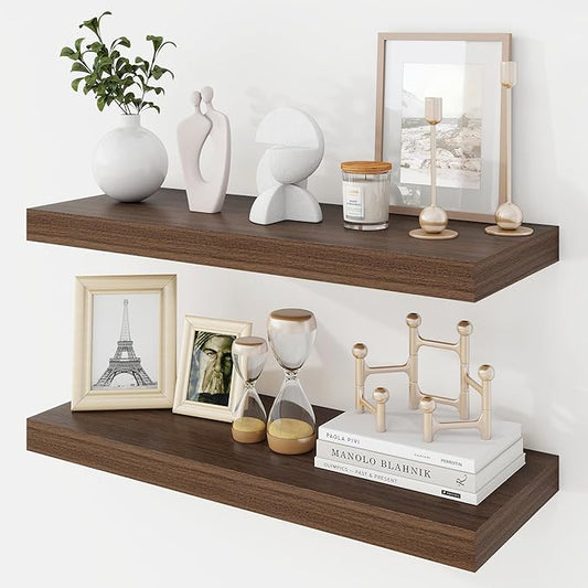 Acovy 24 Inch Floating Shelves, 9.3" Deep Floating Shelf Wall Mounted, 24" Wall Shelves, Rustic Deep Bookshelf, Large Display Shelves & Storage Shelves for Bedroom, Living Room, Walnut, Set of 2