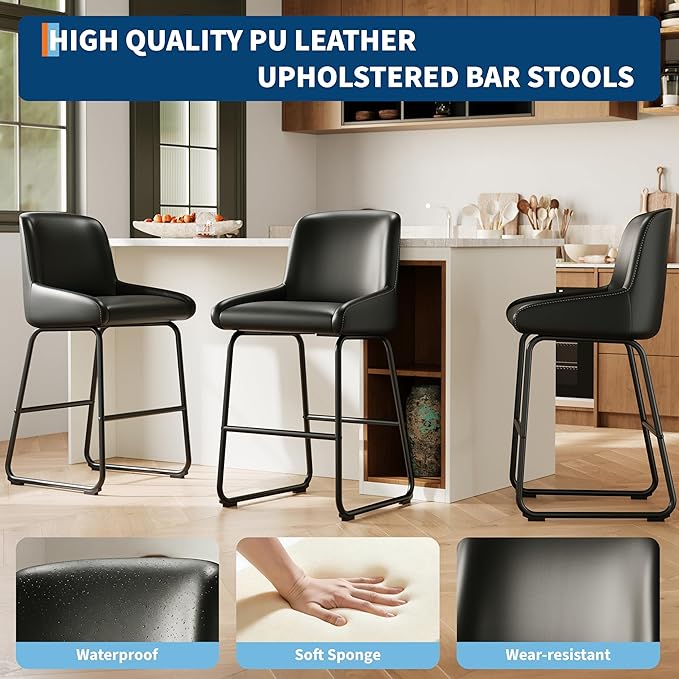IDEALHOUSE Counter Height Bar Stools Set of 4, PU Leather Barstools with Back and Footrest, Modern Industrial Metal Frame Armless Bar Chairs for Kitchen Island, Counter, Black