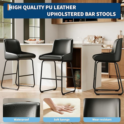 IDEALHOUSE Counter Height Bar Stools Set of 3, PU Leather Barstools with Back and Footrest, Modern Industrial Metal Frame Armless Bar Chairs for Kitchen Island, Counter, Black