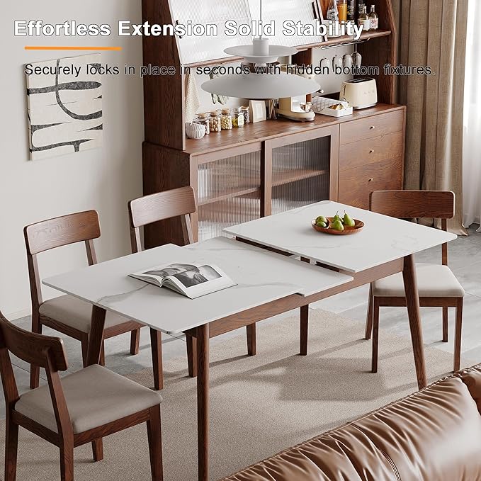 Solid Oak Extendable Dining Table with Stone Slab Tabletop for 4-6 People, Seamless Expansion, Diagonal Legs, Farmhouse Kitchen Table for Small Spaces (Walnut-Slate)