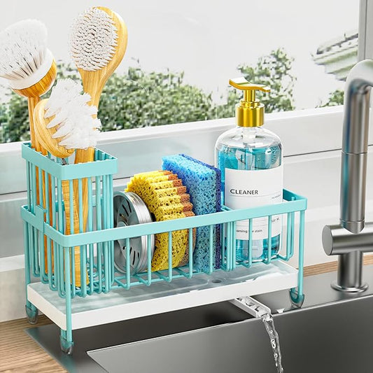 Cisily Sponge Holder for Kitchen Sink, Sink Caddy Organizer with High Brush Holder, Kitchen Countertop Organizers and Storage Essentials, 304 Stainless Steel, Teal Kitchen Decor (Turquoise, 9.25″)