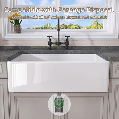 GETPRO Farmhouse Sink 33 Inch Fireclay White Kitchen Sink Apron Front Farm House Large Deep Single Bowl Undermount Modern Luxury Kitchen Basin Easy to Clean