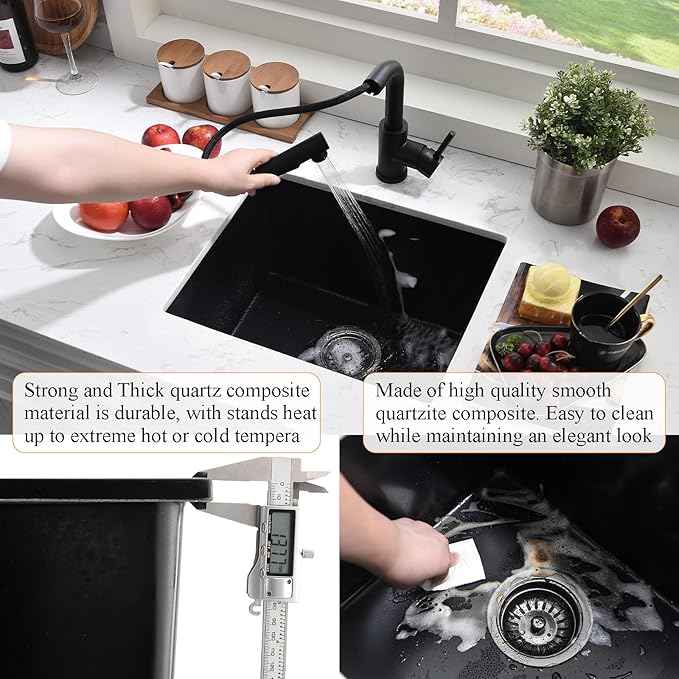 22 Inch Black Undermount Bar Sink with Faucet, 22x17 Inch Undermount Wet Bar Sink Granite Composite Single Bowl Quartz Outdoor Kitchen Sink, Heavy Durable Basin for Home