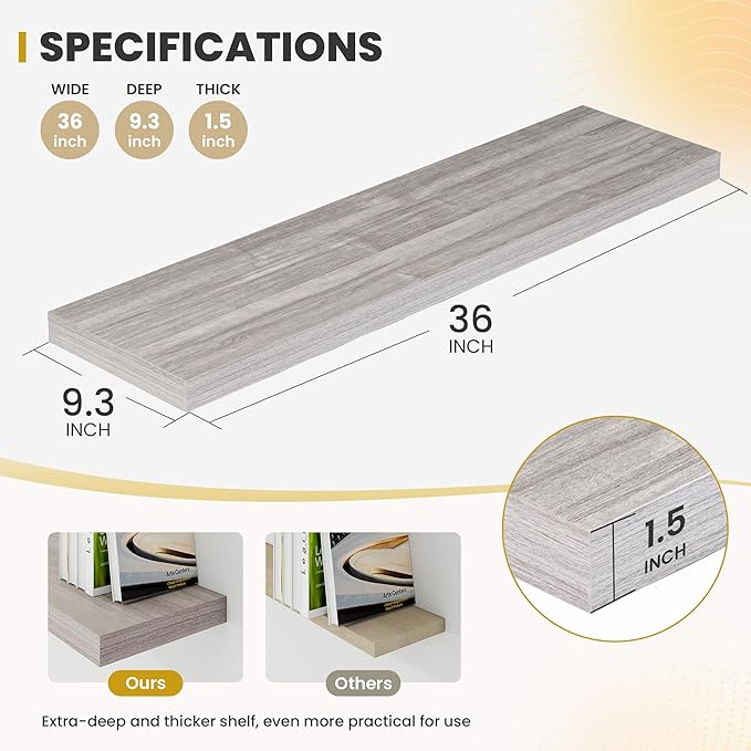 Acovy 36 Inch Floating Shelves, 9.3" Deep Floating Shelf Wall Mounted, 36" Wall Shelves, Rustic Deep Bookshelf, Large Display Shelves & Storage Shelves for Bedroom, Living Room, Gray, Set of 2