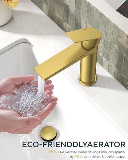 FORIOUS Gold Bathroom Faucet 1 Hole, Single Hole Brushed Gold Bathroom Faucet Single Handle with 1.2 GPM Water-Saving Aerator, Pop Up Drain and Hose, Modern Restroom Sink Tap with Deck Plate, Vanity