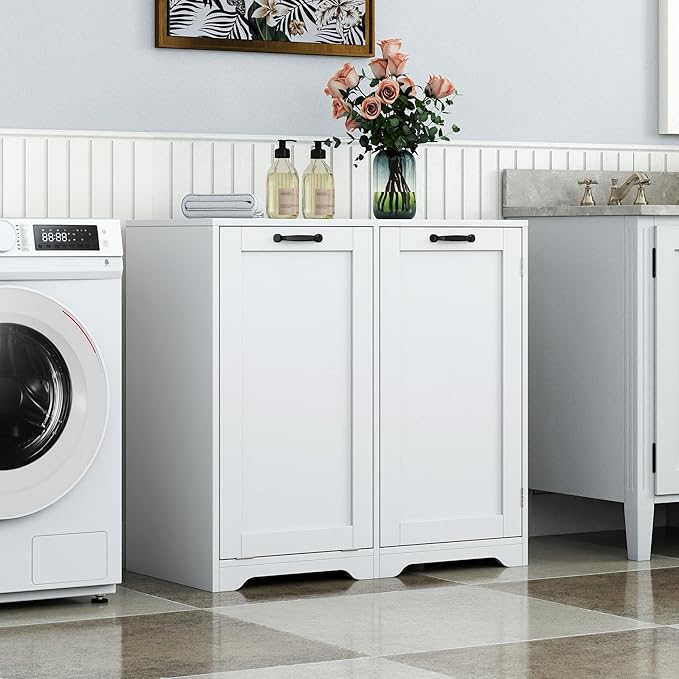 KEIKI Laundry Cabinet with Doors and shelf, Tilt-Out Laundry Hamper, Freestanding Style, Adjustable Shelf, Accent Table for Bathrooms Laundry Room Kitchen, White, (Style D)