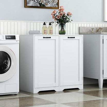 KEIKI Laundry Cabinet with Doors and shelf, Tilt-Out Laundry Hamper, Freestanding Style, Adjustable Shelf, Accent Table for Bathrooms Laundry Room Kitchen, White, (Style D)