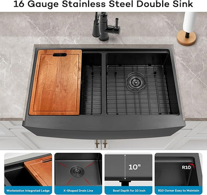 Black Farmhouse Sink 33" X 20",Black Kitchen Sink Double Bowl,33 inch Apron-Front Farmhouse Workstation Sinks,16 Gauge Stainless Steel Double Kitchen Sink