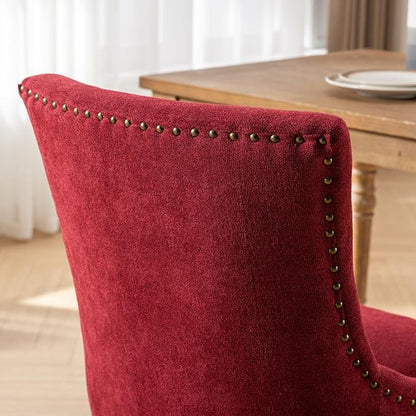 Ball & Cast Mid-Century Upholstered Dining Chairs Set of 2, Thickened Fabric Wing Back Kitchen Side-Chairs with Bronze Nail Head & Toned Solid Wood Legs, 2-Piece Traditional Chair, Wine Red