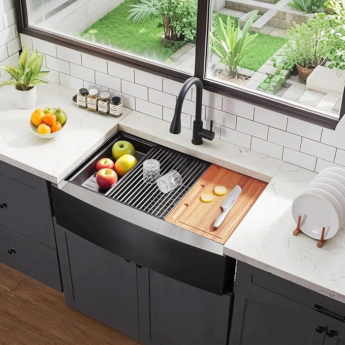 Friho Black Farmhouse Sink, 33 Inch Farmhouse Kitchen Sink Workstation 16 Gauge Stainless Steel 9 Inch Deep Single Bowl Farm Sink with Accessories