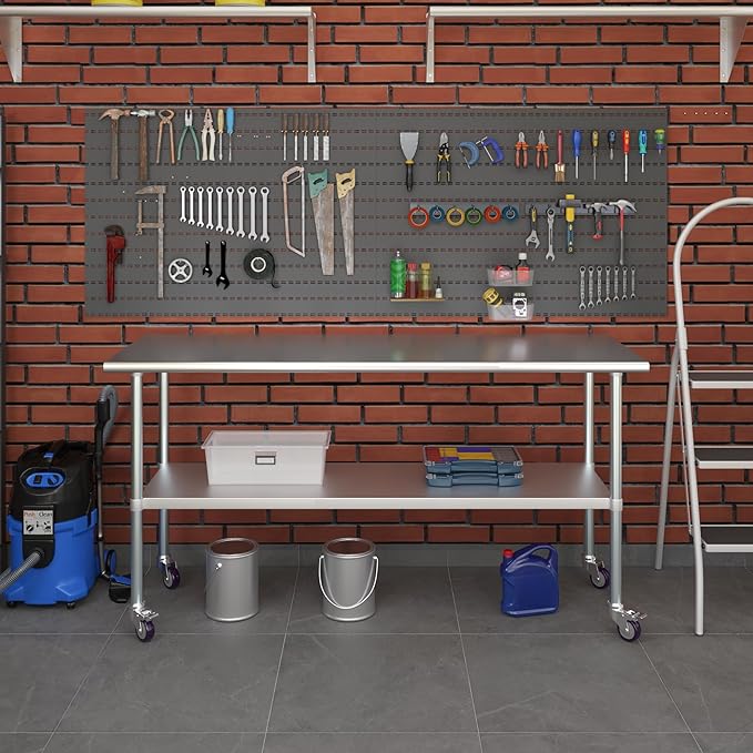 Stainless Steel Work Table with Wheels | NSF Kitchen Island Food Prep | Laundry Garage Utility Bench (Table + Wheels, 72" Long x 24" Deep)